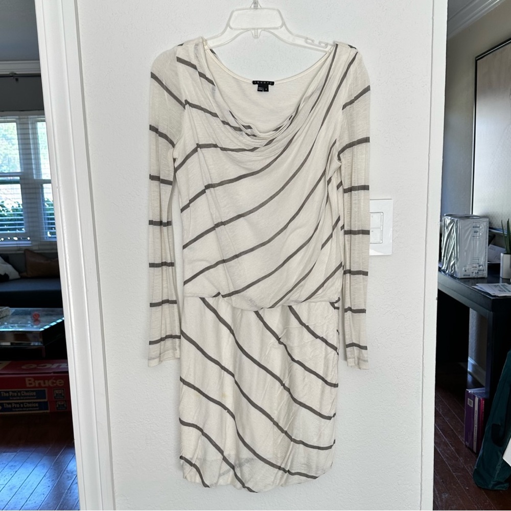 Theory Draped Neck Ivory & Gray striped dress, Small
